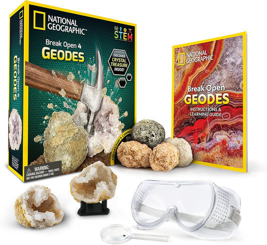 NATIONAL GEOGRAPHIC Break Open 4 Geodes Science Kit – Includes Goggles and Display Stand - STEM Science Gift for Boys and Girls, Break Your Own Geodes with Crystals (Amazon Exclusive)