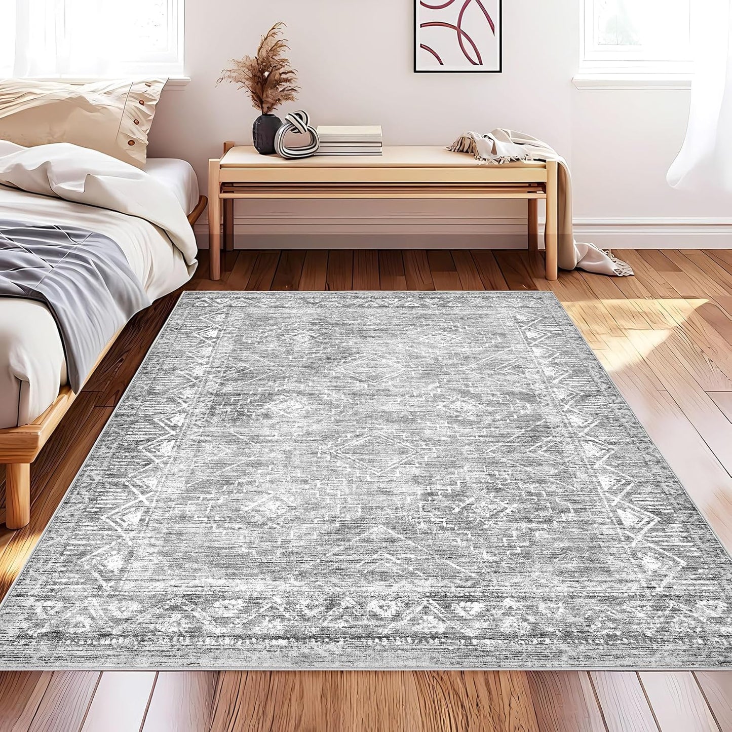 Vintage Moroccan Trellis Area Rug - 4x6 Machine Washable Boho Geometric Farmhouse Rugs Neutral Stain Resistant Non Slip Indoor Carpet for Bedroom Dining Room Nursery Home Office (4 x 6, Grey)