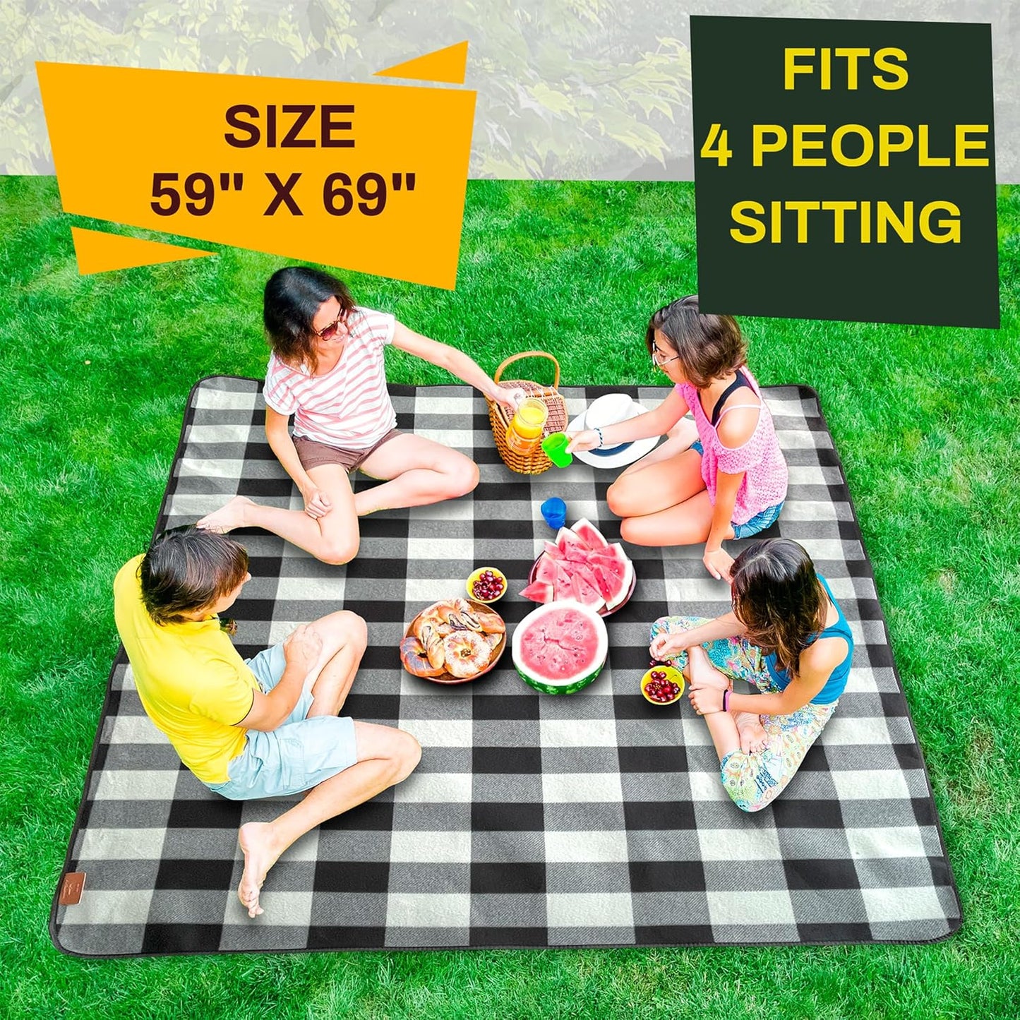 PortableAnd Picnic Blankets, 3 Layer Soft Fleece Blanket for Beach,Camping on Grass, Waterproof, Sandproof, Best Gift for Couple & Families, Black and Gray Checkered