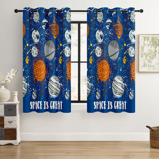 Kids Space Planet Blackout Curtains - 100% Blackout, Thermal Insulated, Noise Reducing, Perfect for Kids Room and Nursery, 2 Panels (Space-is-Great, W52×L63)