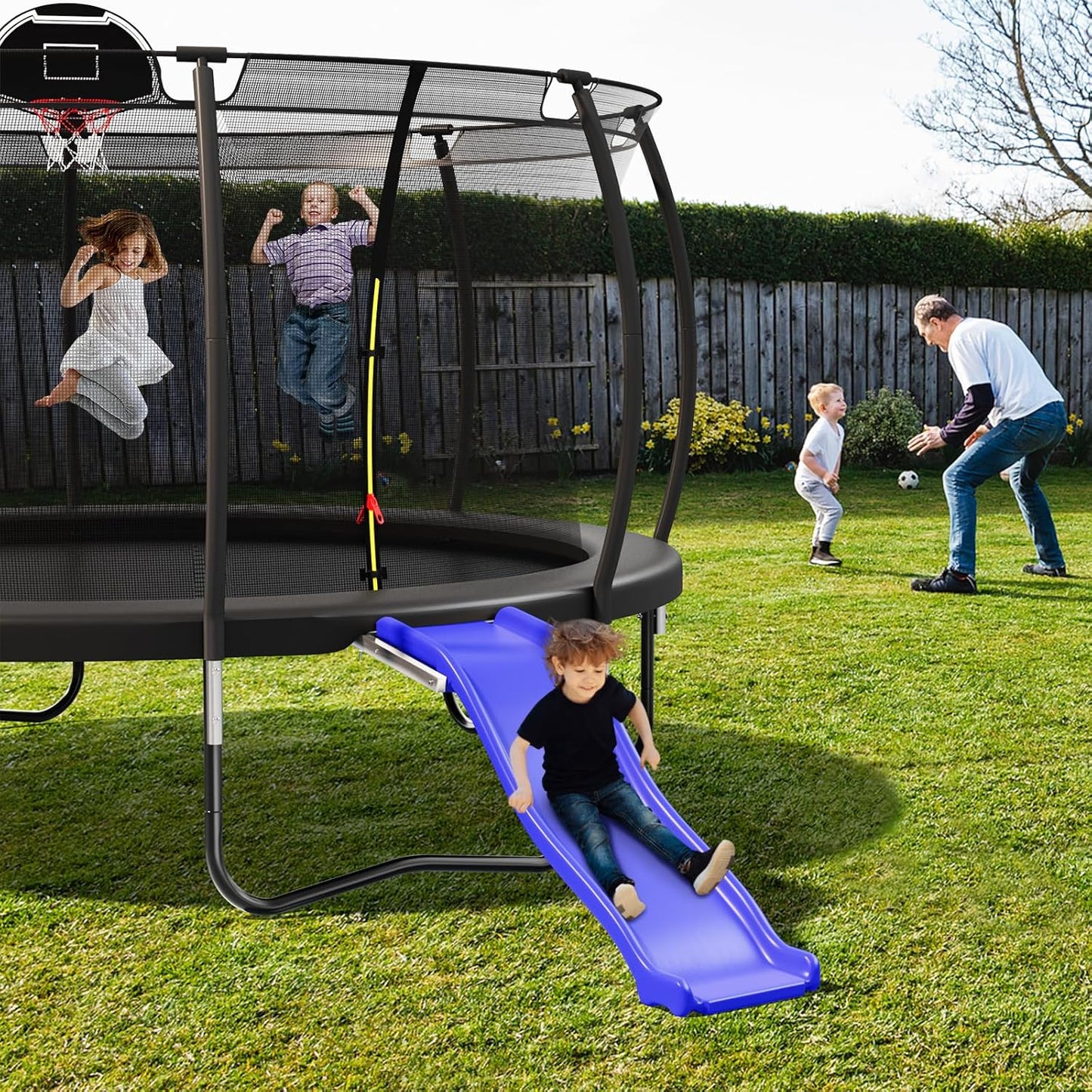 Plastic Trampoline Slide for 8-16FT, Heavy Duty Outdoor Slide for Trampoline, Safe Trampoline Ladder for Kids 6+, 220 LBs Capacity, Blue
