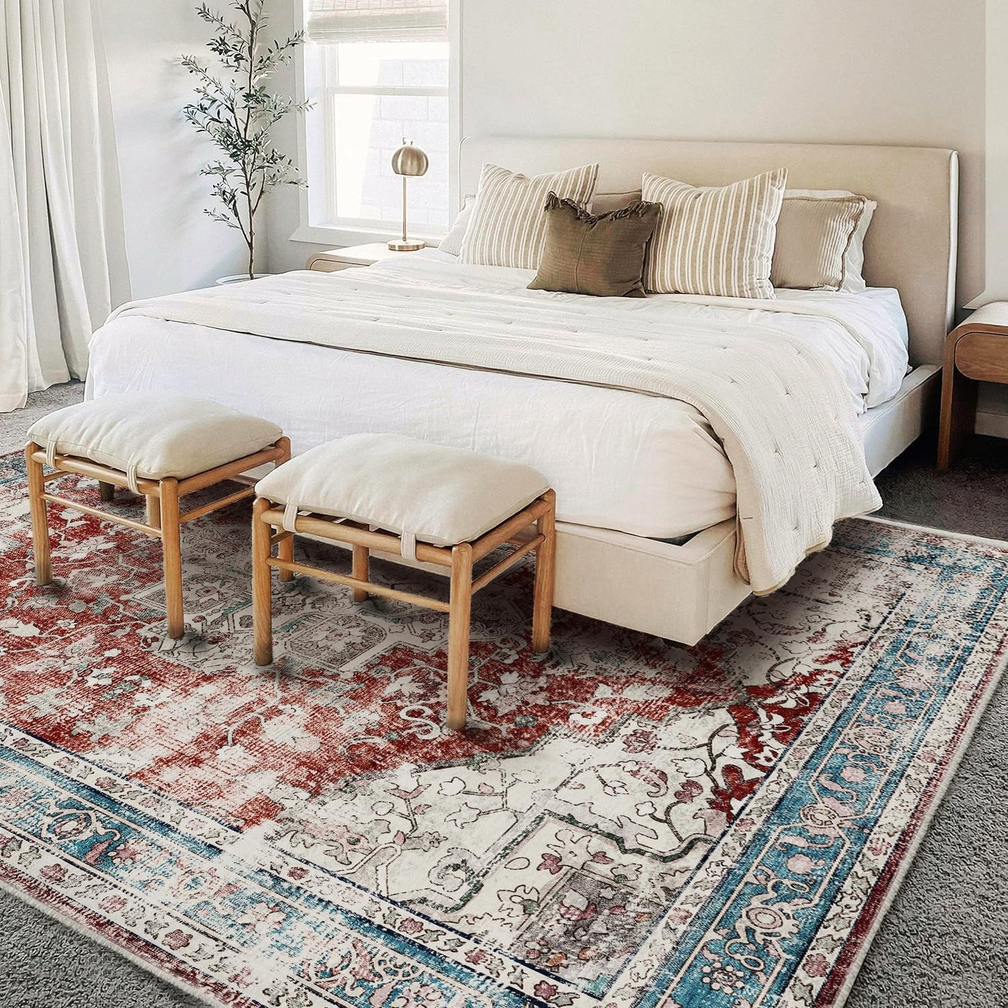 Washable Area Rug 8'x10' Red Blue Retro Boho Design Non-Shedding Non-Slip Easy Care Ideal for High Traffic Areas in Living Room Bedroom Office Coffee Table Kitchen Large Carpet