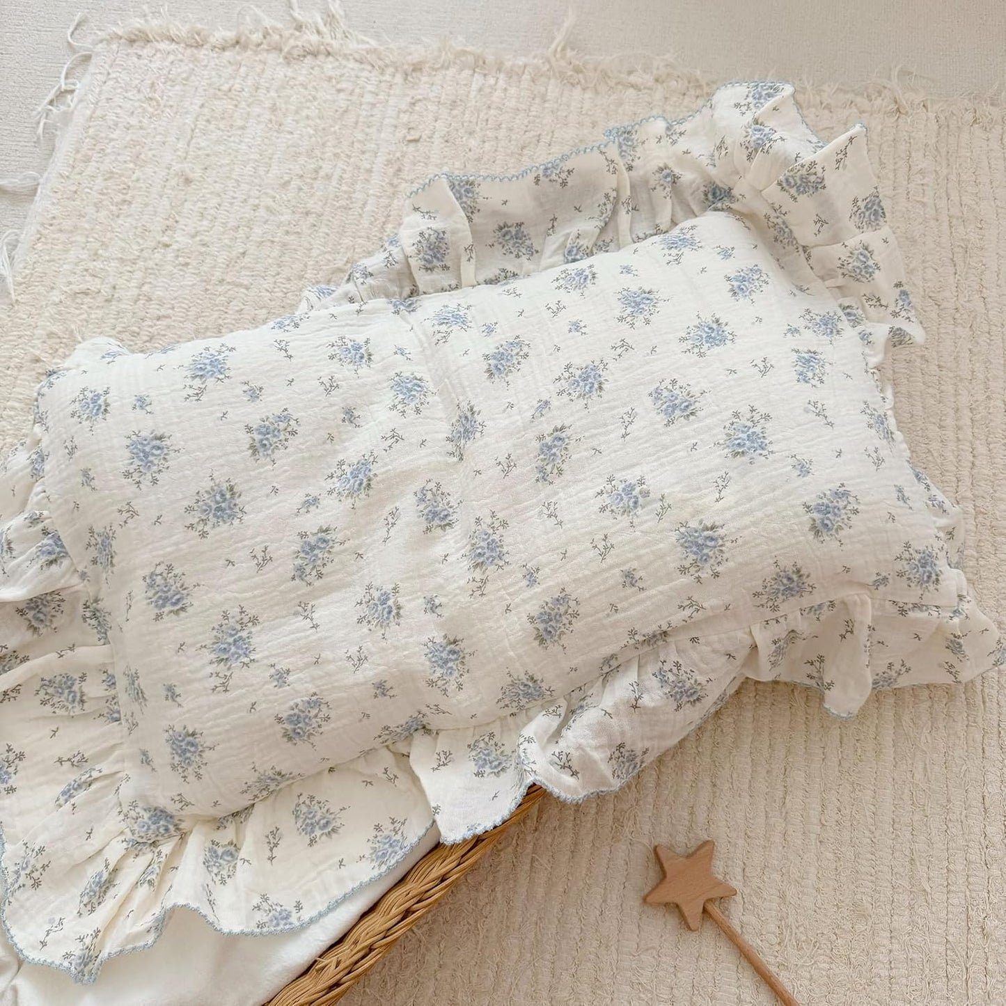 BuLuTu Muslin Cotton Kids Pillowcases for Girls Boys Shabby Chic Blue Floral Print Pillow Case Beige Toddler Pillowcases Standard Size Pillow Cover with Ruffles, 20"x26", 1 pc