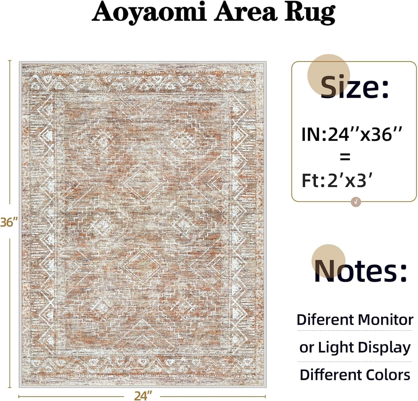 Moroccan Area Rug 2x3 - Washable Distressed Entryway Rug Non-Slip Small Rug, Soft Low-Pile Geometric Farmhouse Indoor Door Mat Floor Carpet for Entrance Bedroom Kitchen Bathroom (2 x 3, Brown)