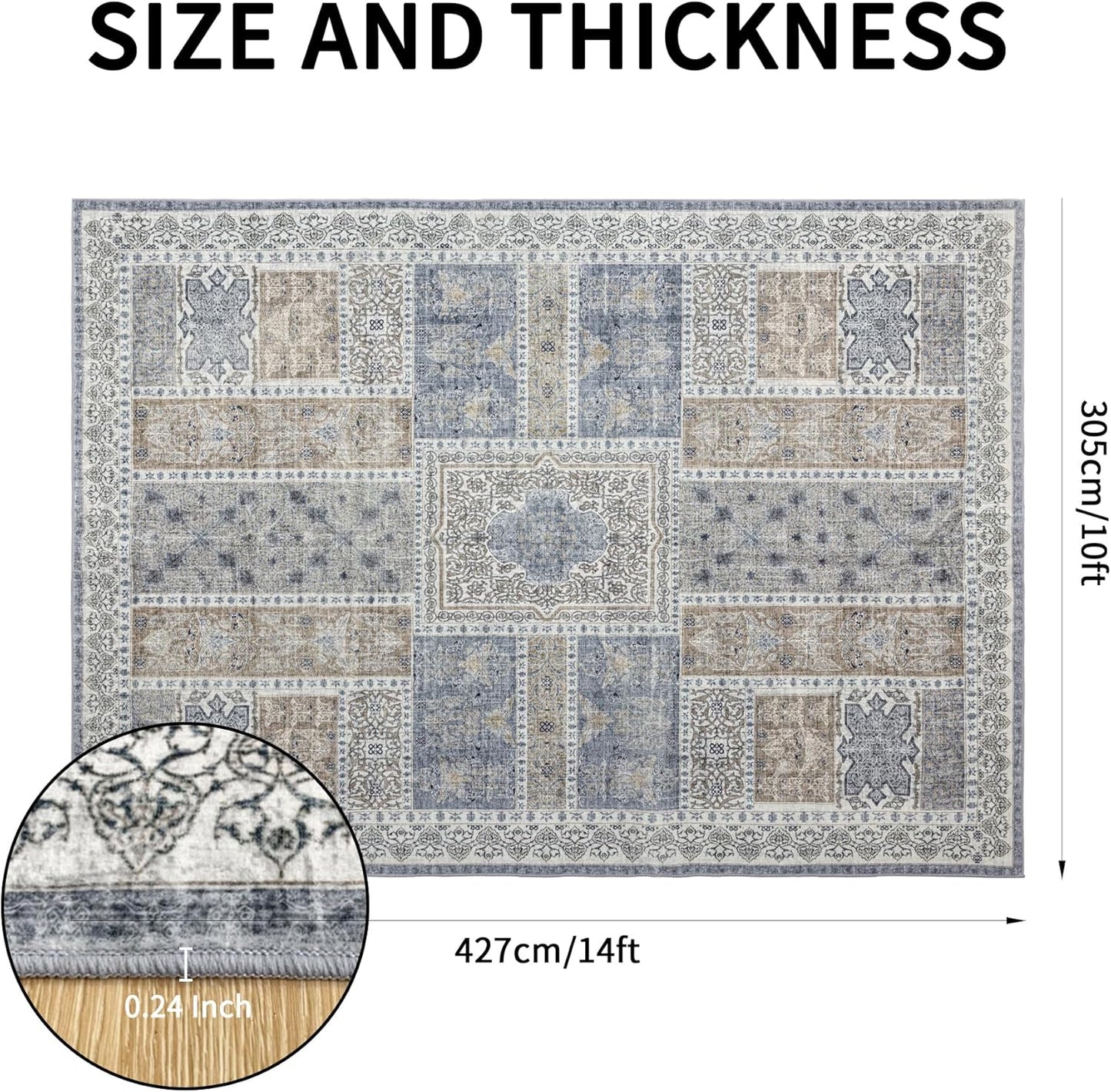 10x14 Area Rug Washable: Oriental Soft Area Rug for Living Room Bedroom No Shedding - Low Pile Thin Carpet Rug for Dining Room Non Slip - Boho Vintage Rug for Home Decor - Blue Grey