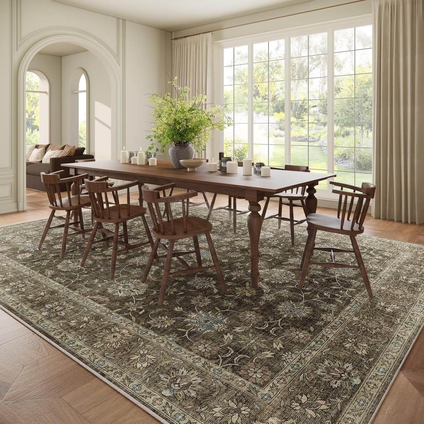 Washable 9x12 Area Rugs for Living Room, Boho Non-Slip Silicone Backing Rugs for Bedroom Dining Room Nursery Office, 0.3" Neutral Oriental Throw Carpet with 0.16" Cushioning Pad, Flaxen/Multi