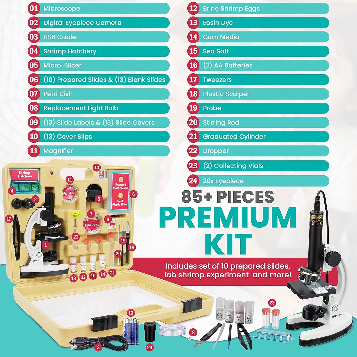 AmScope - M40-K-MDM35 IQCREW by 120X – 1200X Kid’s 85+ Piece Premium Microscope STEM Kit with Color Camera, Interactive Kid’s Friendly Software, Prepared and Blank Slides and More
