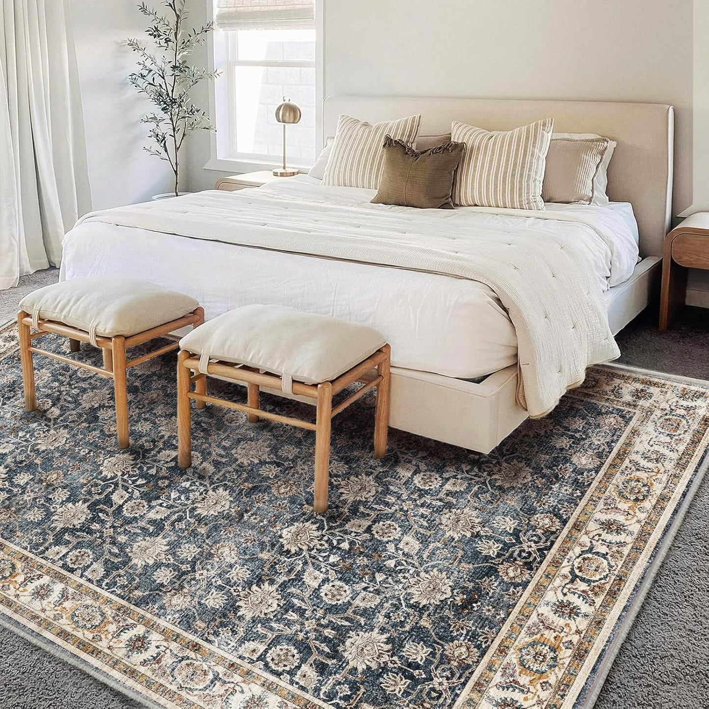 Washable Area Rug 9'x12' Retro Boho Design Non-Shedding Easy Care Ideal for High Traffic Areas in Living Room Bedroom Office Coffee Table Kitchen Large Carpet