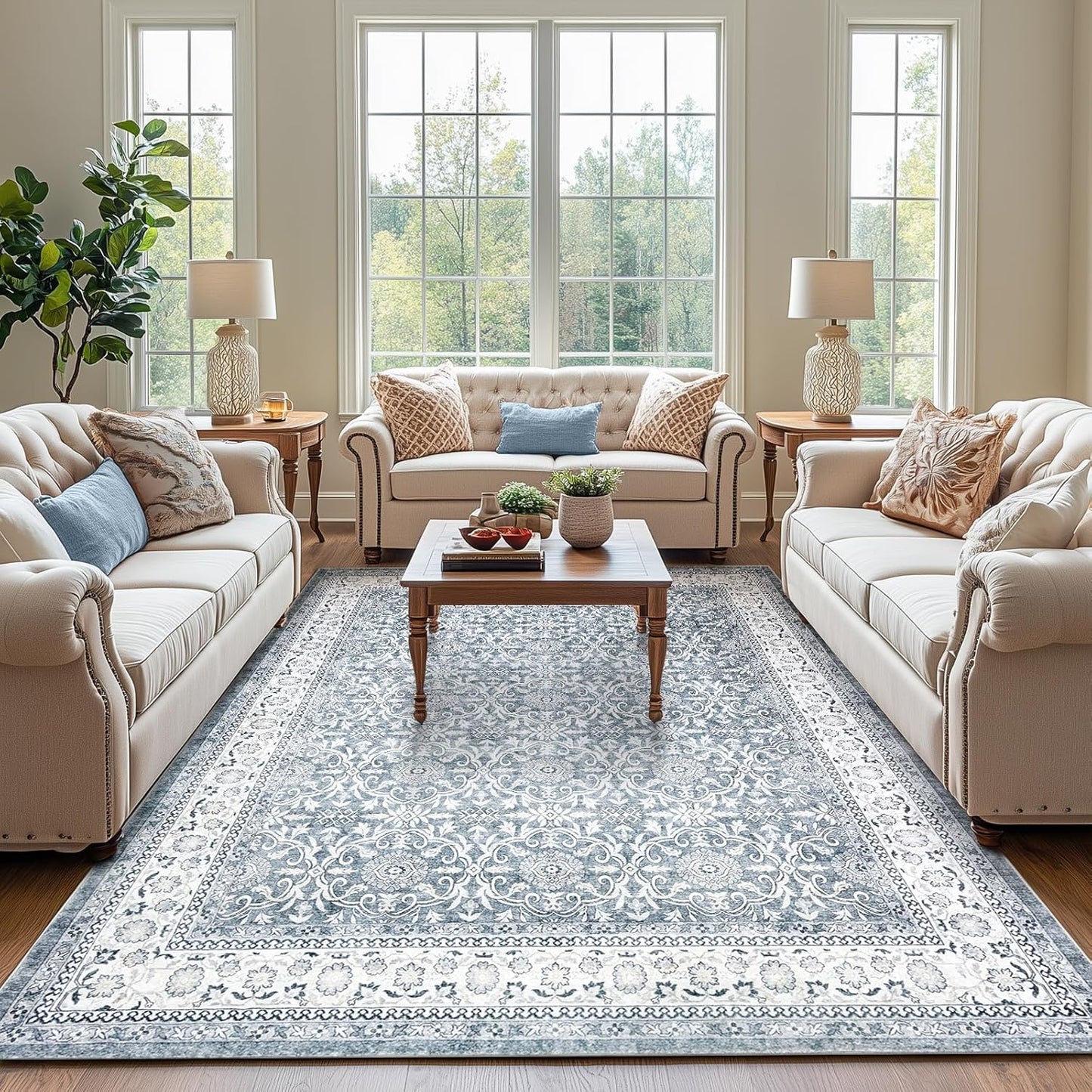 jinchan Floral 9x12 Area Rugs for Living Room - Machine Washable Vintage Distressed Boho Design Soft Throw Rug Large Carpet Low-Pile Thin Non-Slip for Bedroom Dining Room Nursery (9‘x12',Grey)