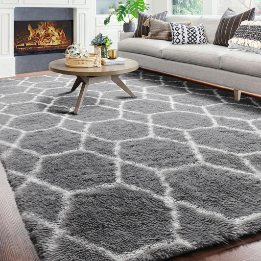 ONASAR 8x10 Area Rugs for Living Room, Fluffy Grey and White Bedroom Rug, Washable Geometric Boho Large Soft Plush Shaggy Fuzzy Floor Carpet for Nursery Kids Classroom Playroom Dorm Home Decor