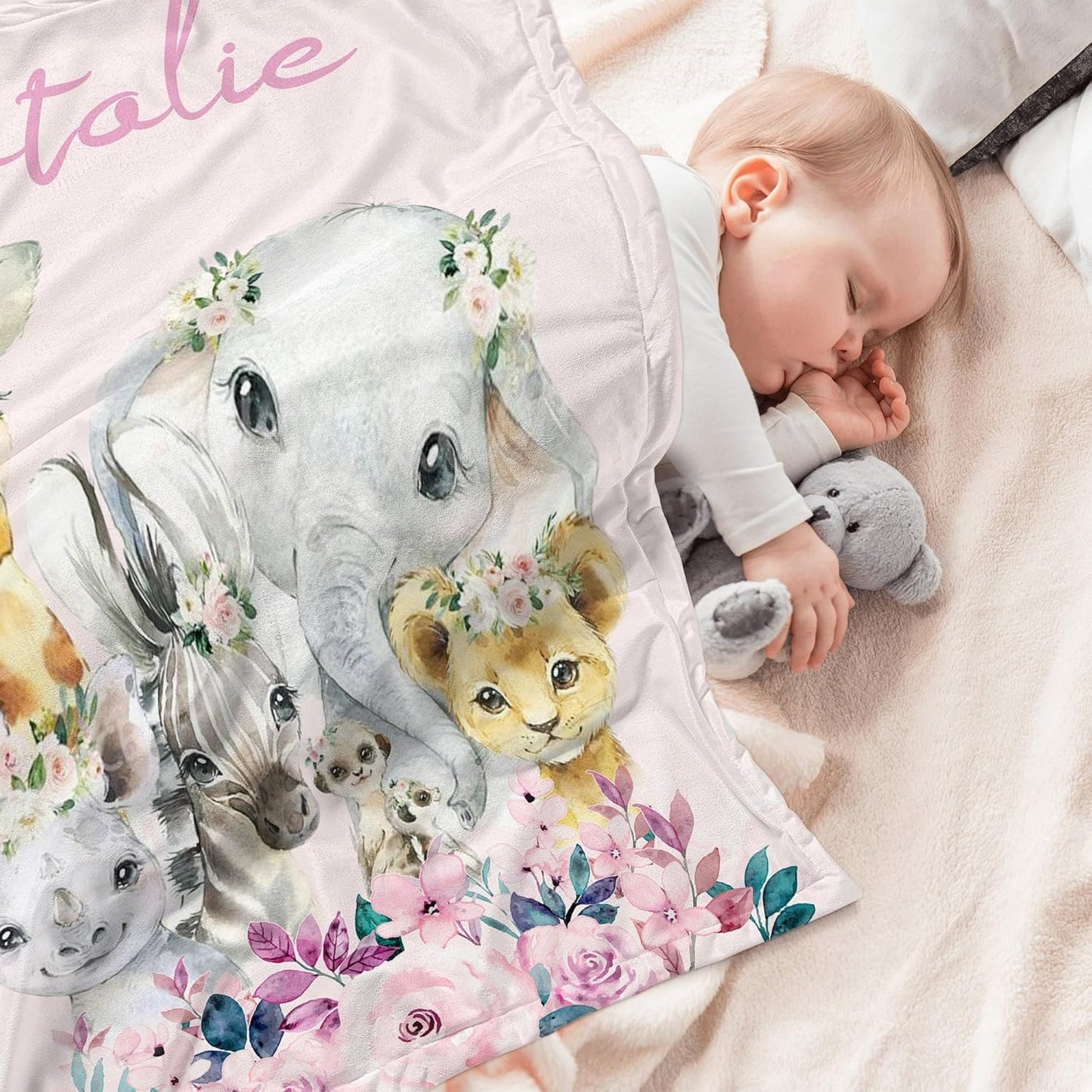 Personalized Baby Blanket with Name Custom Animals Blanket for Infant Toddler Newborn Customized for Boy Girl Birthday Christmas