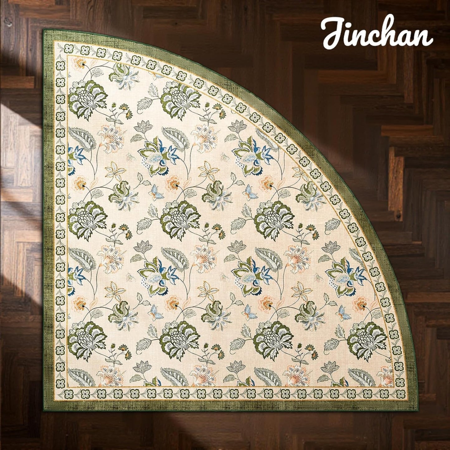 jinchan Floral Corner Rug for Kitchen Washable Nursery Rug Vintage Romance Design Non Slip Quarter Circle Lightweight Low-Pile Throw Carpet for Playroom Reading Nook Office, 5ft Radius, Green/Beige