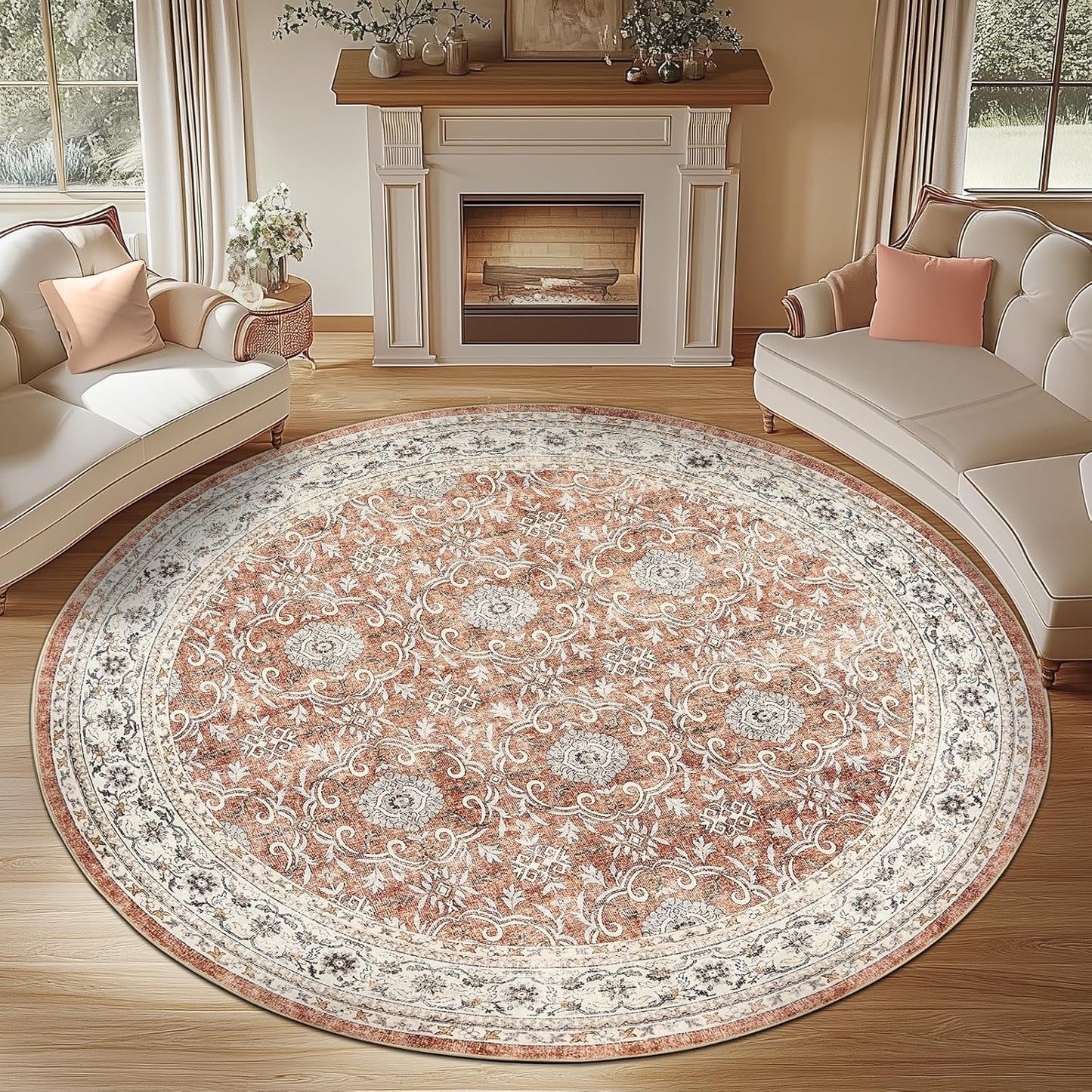 jinchan Round Rug 7ft Washable Circle Soft Rug - Low Pile Vintage 7'Round Indoor Orange Floral Print Stain Resistant Boho Carpet Ultra-Thin Non-Slip for Living Room Bedroom Dining Room Kitchen