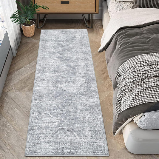 COZYLOOM 2x8 Runner Rug for Living Room, Kitchen Modern Washable Distressed Accent Carpet with Non-Slip Backing, Ultra-Soft Contemporary Geometric Floor Mat, Bedroom, Grey