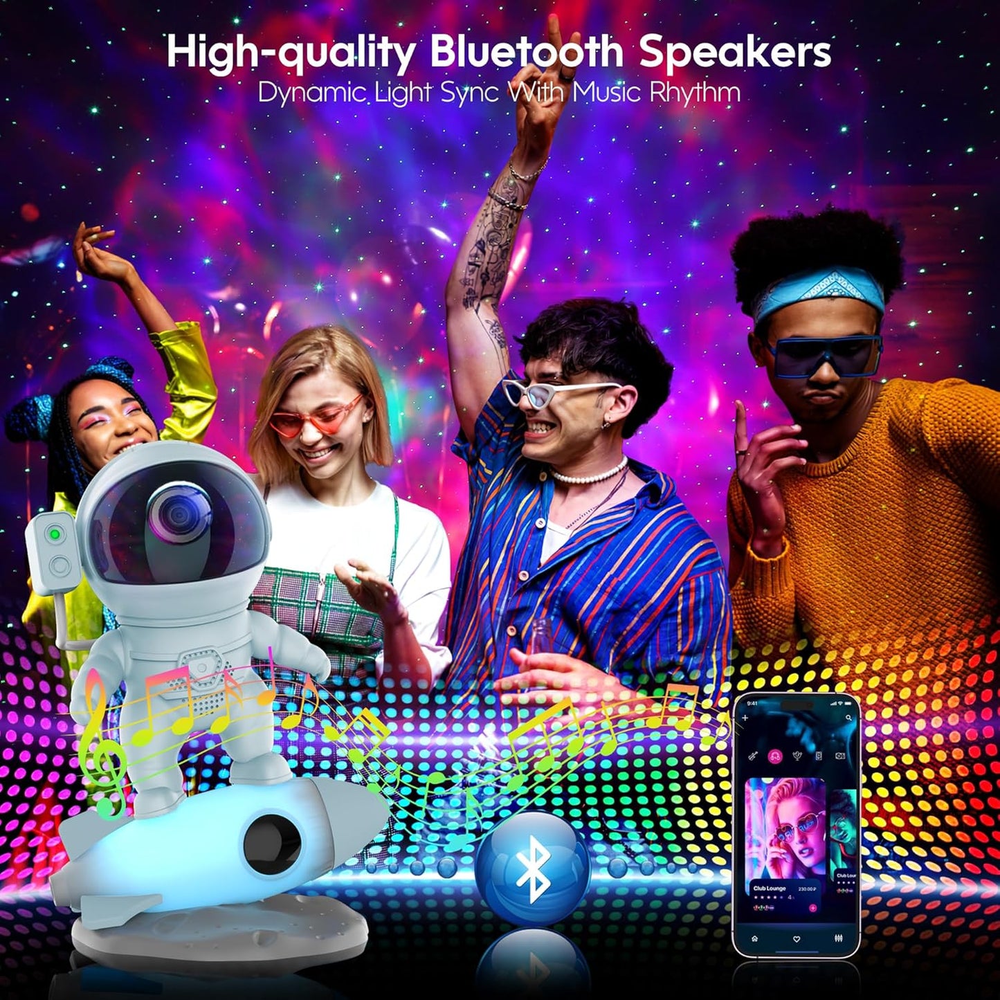 Astronaut Galaxy Projector, Star Projector Rocket Night Light for Kids Room, 360° Adjustable Magnetic Head, Bluetooth Speaker, Timer, White Noise with Remote APP Button Control Idea for Gift