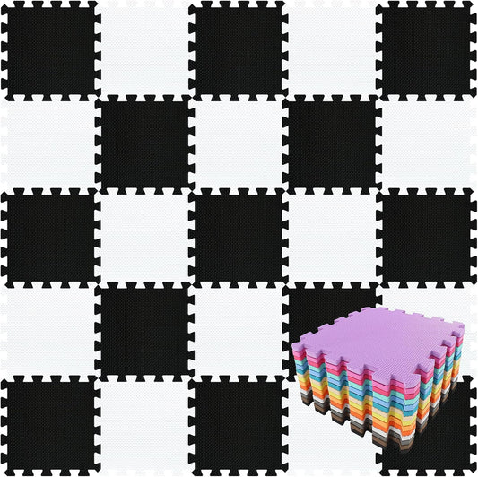 qqpp EVA Rubber 18 Tiles Interlocking Puzzle Foam Floor Mats - Baby Play Mat for Playing | Exercise Mat for Home Workout. White, Black. QC-ADb18N