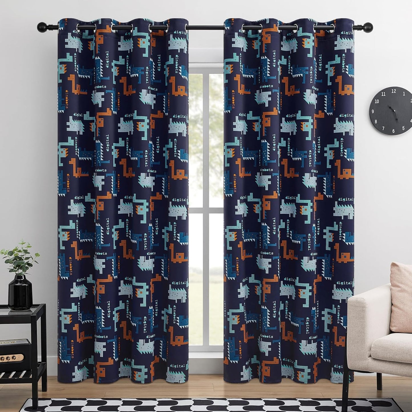 Kids Blackout Curtains - Pixel Dinosaur Curtains, 100% Blackout, 2 Panels, Each W52×L84, Thermal Insulated, Noise Reducing for Kids Bedroom, Bring a Playful and Retro Touch to Your Child’s Room