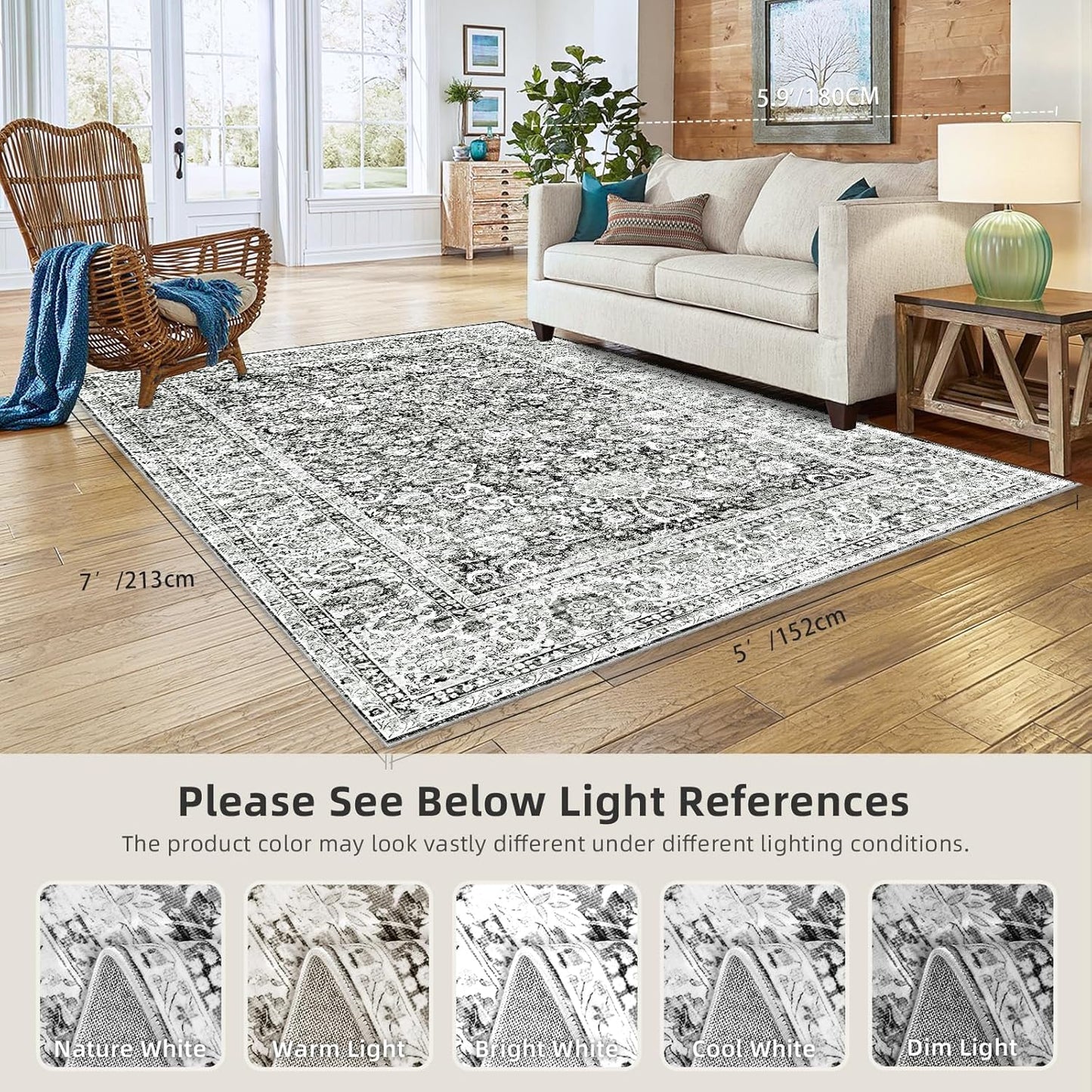 Area Rugs 5x7 - Grey Area Rug for Living Room, Bedroom & Dining Room - Soft Faux Wool, Low-Pile Distressed Carpet Print Floor Covering