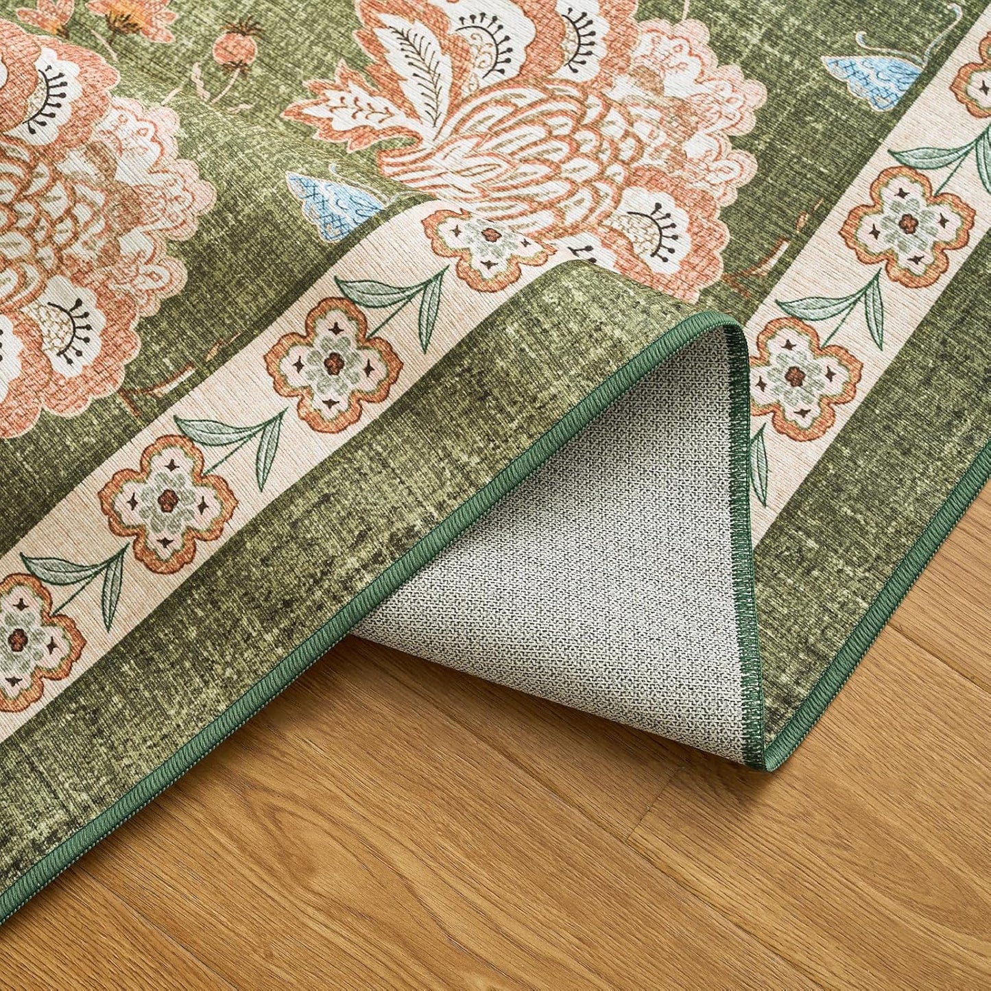 jinchan 8x10 Floral Rug for Living Room Washable Bedroom Rug Vintage Romance Design Non Slip Thin Indoor Floor Cover Large Low-Profile Throw Carpet for Dining Room Office, Green