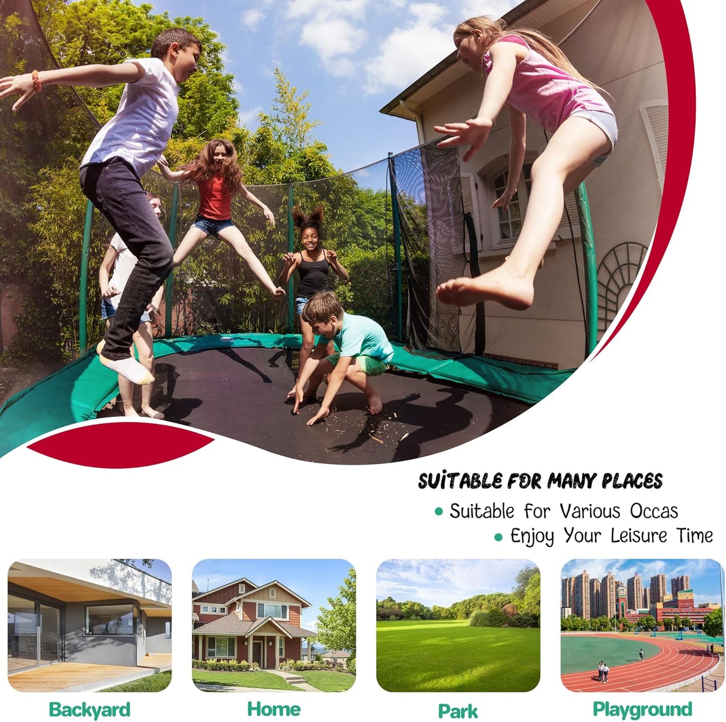 55IN Trampoline for Kids - Indoor/Outdoor Play with Enclosure Net - Easy to Assemble Recreational Trampoline - Red