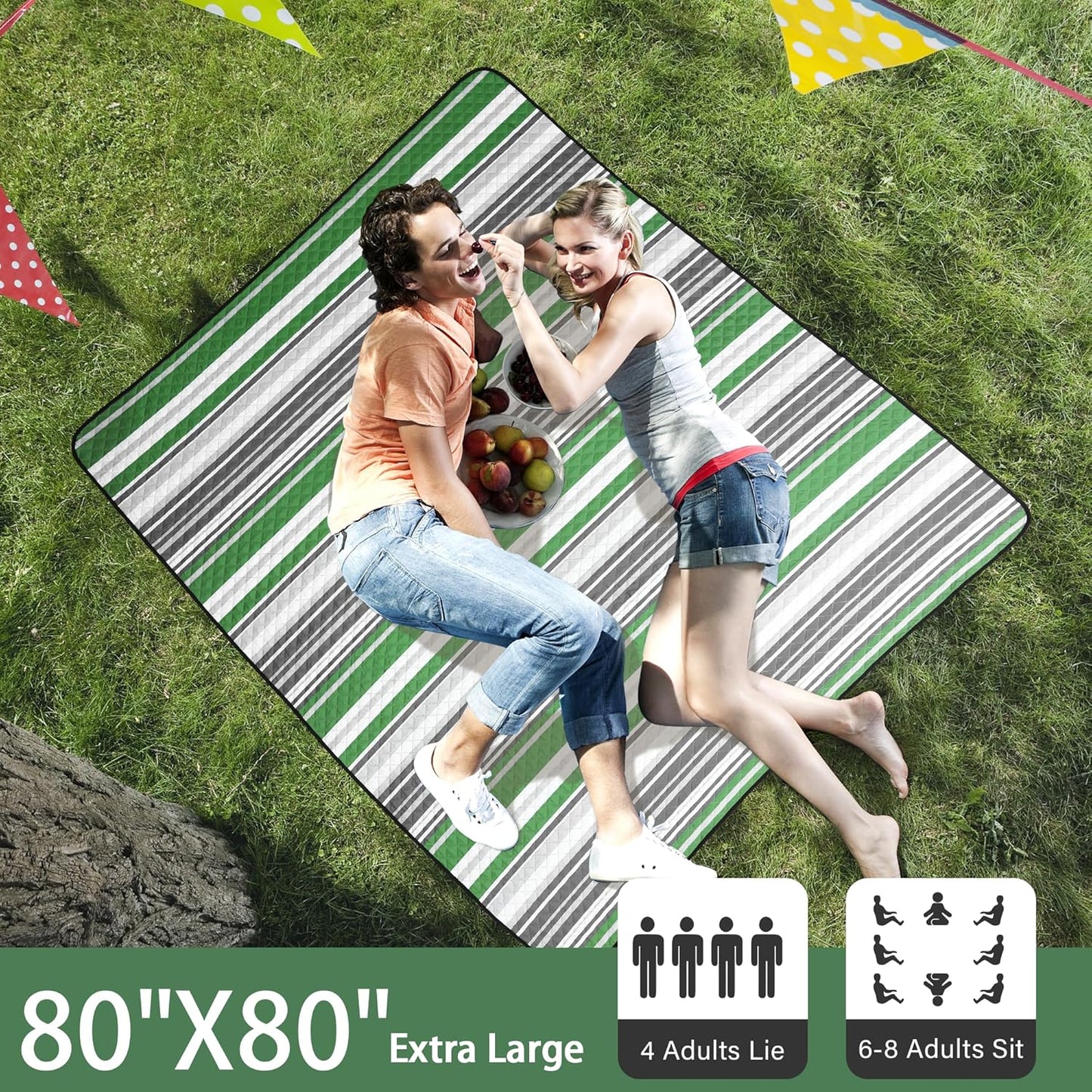 HX&OD Extra Large Picnic Blanket Outdoor 80”x80” Waterproof Picnic Mat Foldable 3-Layer Camping Blanket Portable with Carry Strap Park Blanket for Grass(Green)