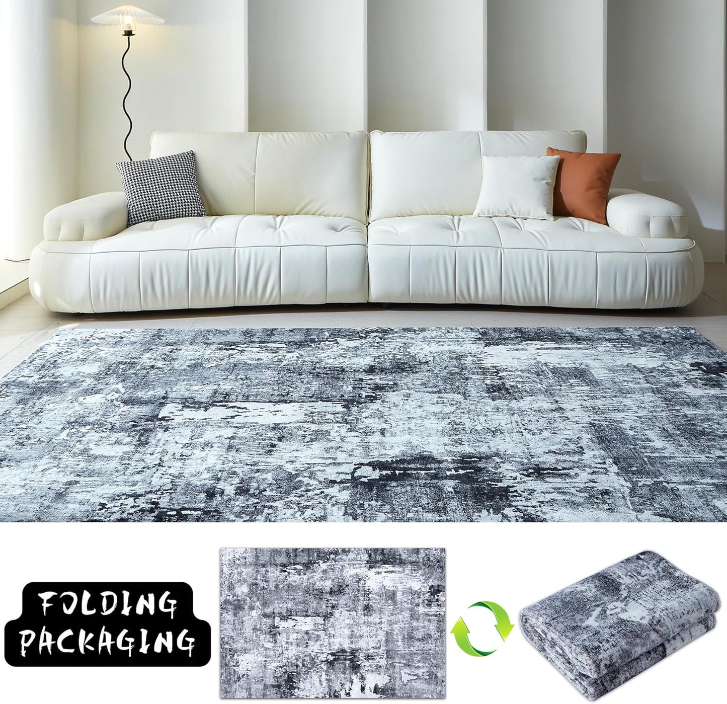 6x9 Rug Washable Bedroom Rug Large Soft Area Rug Abstract Pattern Non-Slip Faux Wool Vintage Rug for Living Room, Farmhouse, Dining Room, Kids Playroom, Grey and Black