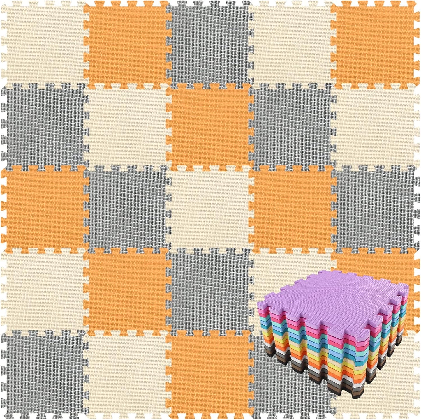 qqpp EVA Rubber 18 Tiles Interlocking Puzzle Foam Floor Mats - Baby Play Mat for Playing | Exercise Mat for Home Workout. Orange, Beige, Gray. QC-BJLb18N