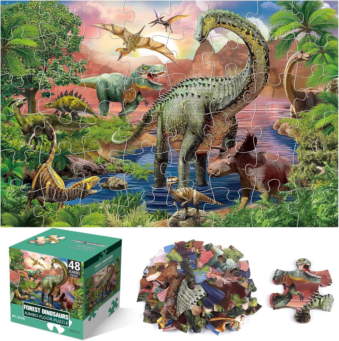Jumbo Floor Puzzle for Kids,48 Piece Forest Dinosaur Large Jigsaw Puzzles, Fun Educational Preschool Learning Toy for Toddlers Ages 3-5,Gift for Boy Girl Ages 4-8