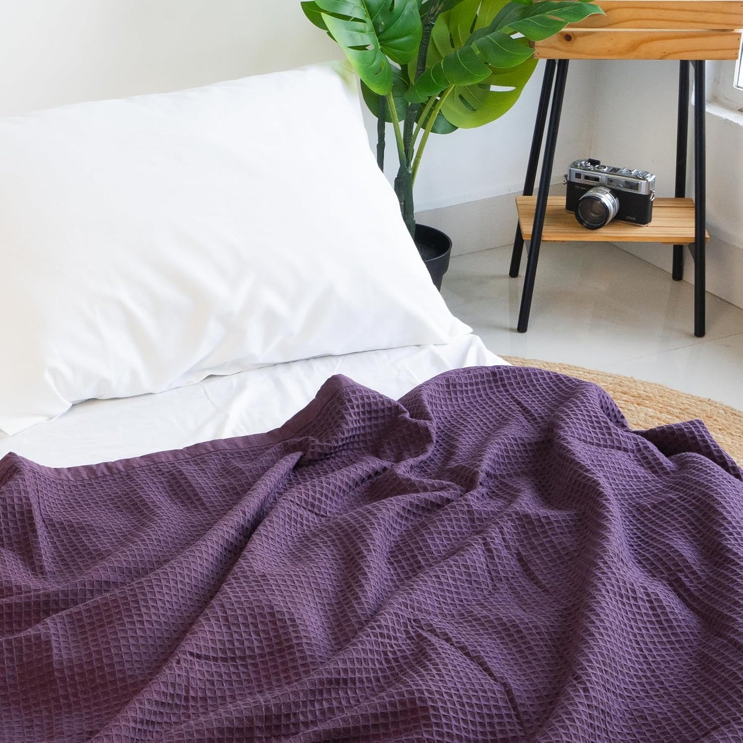 Salt Earth GOTS Certified 100% Organic Cotton Throw Blanket, 108"X90" Blankets & Throws for Bed, Throw Blanket for Couch,Modern & Cozy Blanket, All Season Waffle Blanket, Soft Blanket (Plum Perfect)