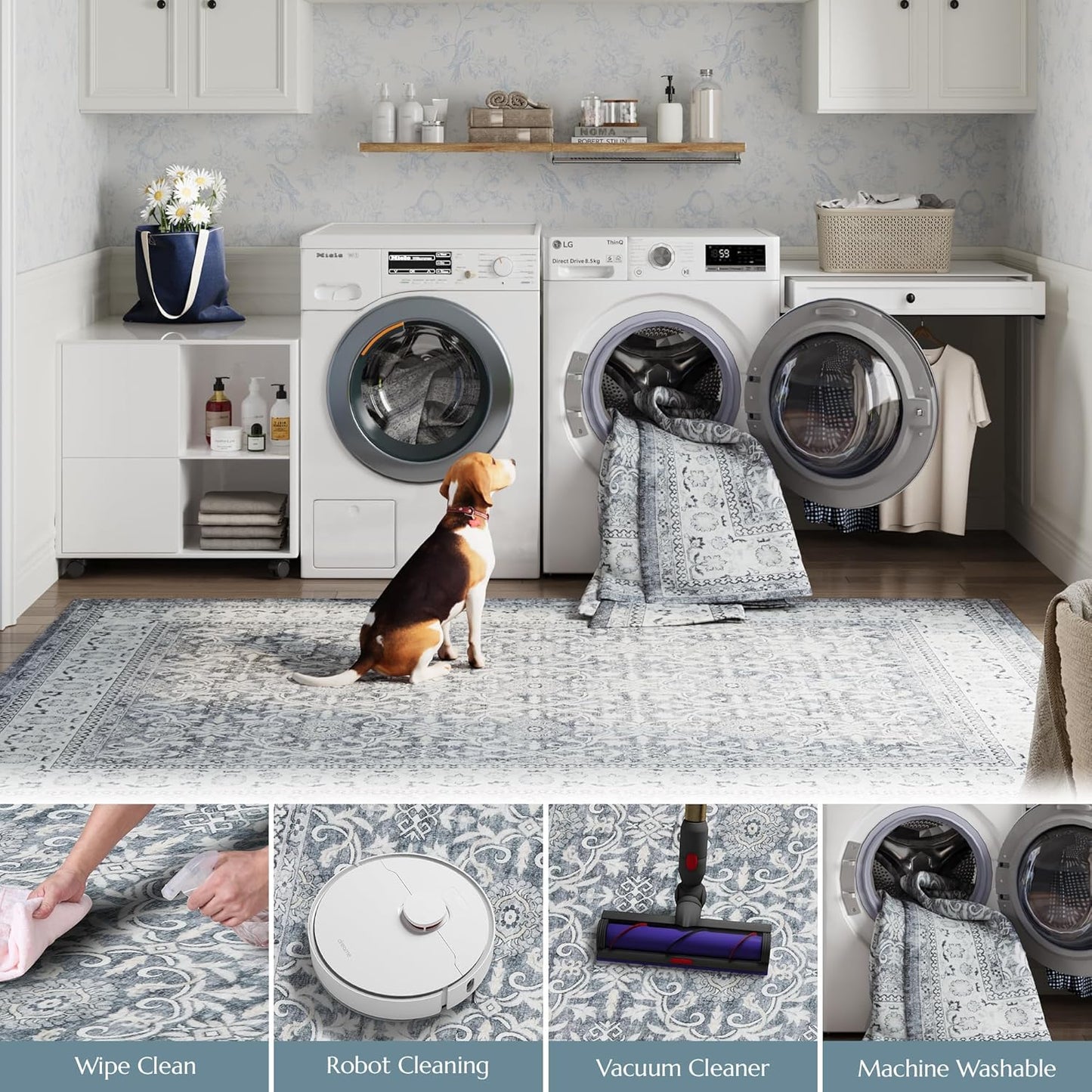 jinchan Floral Area Rugs 4x6 - Machine Washable Vintage Distressed Boho Design Throw Rug Stain Resistant Carpet Low Pile Ultra-Thin Non-Slip for Bedroom Living Room Dining Room Kitchen (4‘x6',Grey)