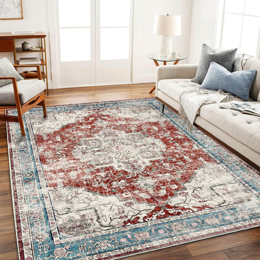 Washable Area Rug 8'x10' Red Blue Retro Boho Design Non-Shedding Non-Slip Easy Care Ideal for High Traffic Areas in Living Room Bedroom Office Coffee Table Kitchen Large Carpet