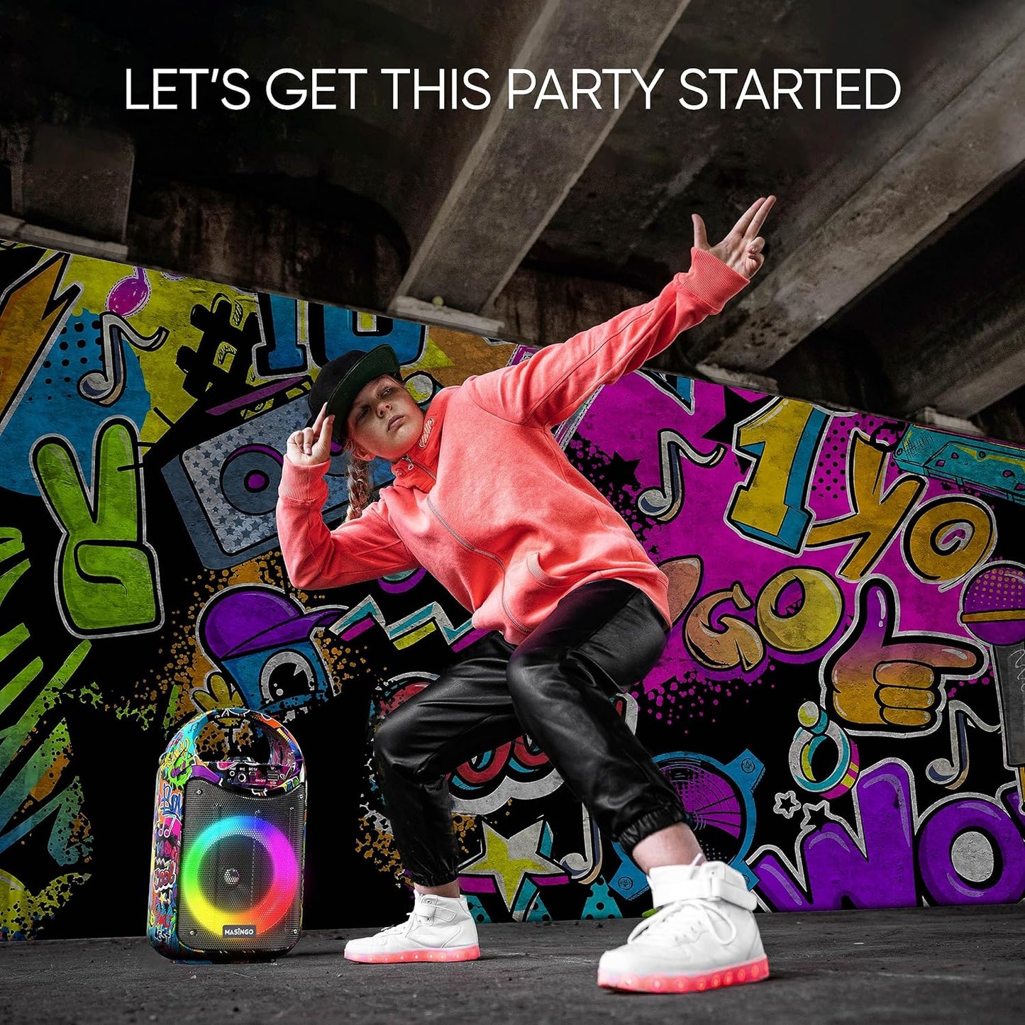 MASINGO Karaoke Machine for Kids and Adults with 2 Wireless Bluetooth Microphones, PA Portable Speaker with Colorful LED Lights, Supports TF Card/USB, AUX/MIC in, TWS for Home Party, Burletta C10 V2