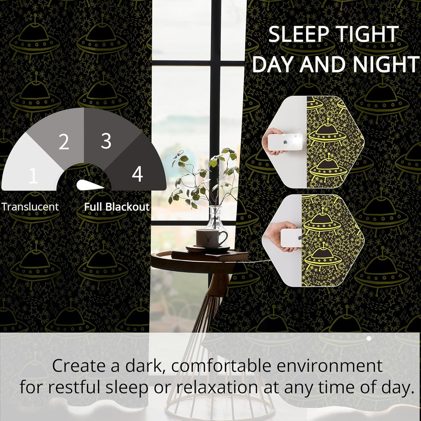 Kids UFO Blackout Curtains - 100% Blackout, Thermal Insulated, Noise Reducing, Perfect for Kids Room and Nursery, 2 Panels (Neon UFO Night, W52×L63)