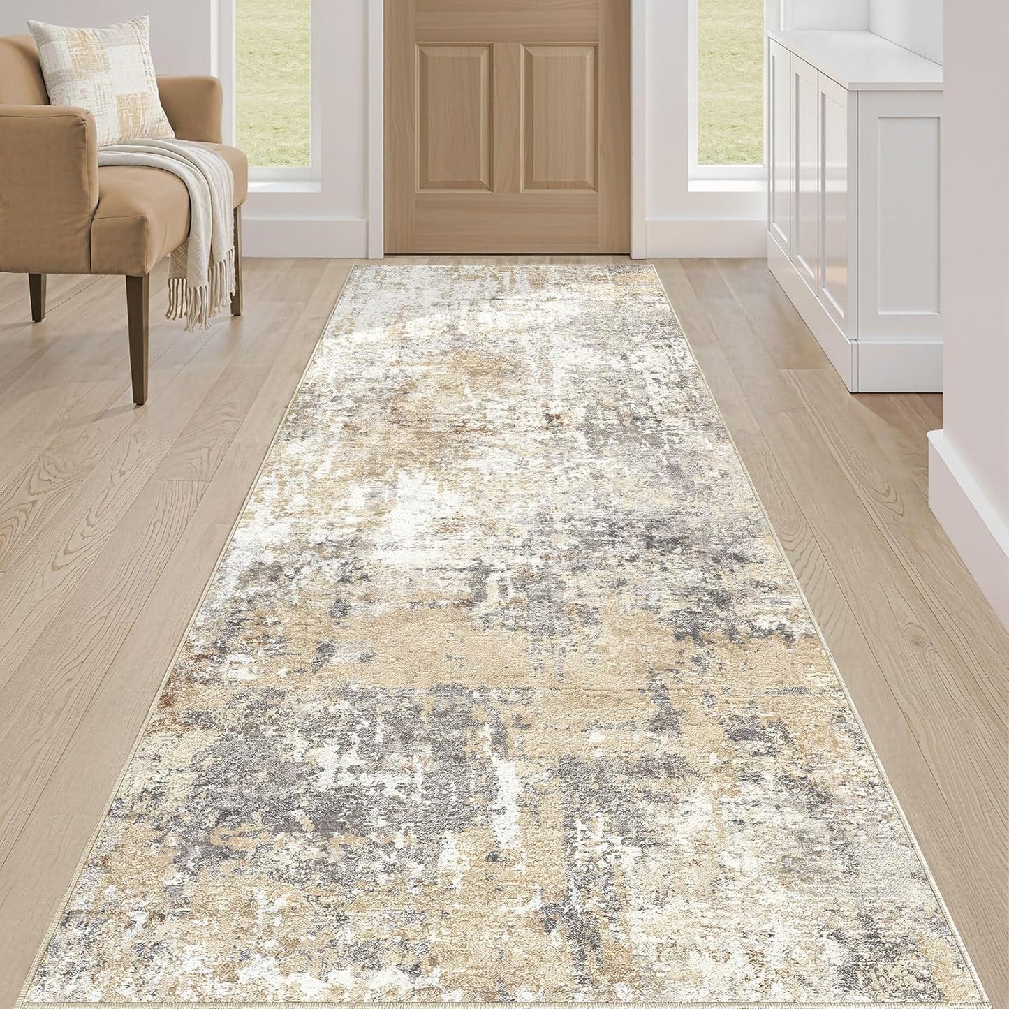 Runner Rug Kitchen Washable Rugs: 2x6 Non-Slip Abstract Soft Modern Stain Resistant Indoor Floor Neutral Accent Throw Carpet for Hallway Bathroom Laundry Room Entryway Bedroom- Gray Gold