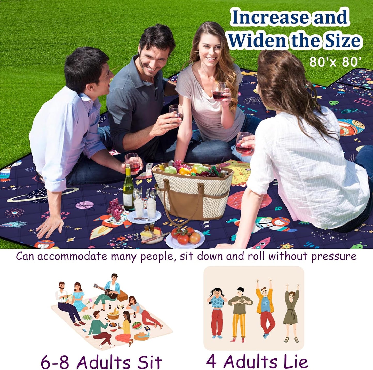 Extra Large Picnic Blanket Waterproof,80"x 80"Foldable Machine Washable Beach Blanket,Outdoor Blanket for 6-8 Adults,Suitable for Indoor Crawling,Park Beach,Camping,Hiking,Family Travel(Starry sky)