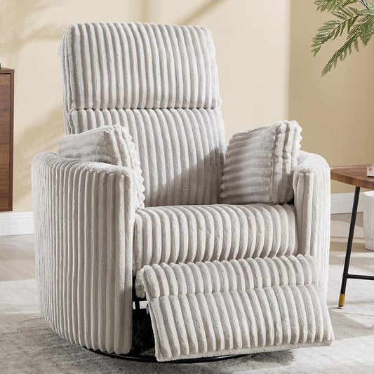 Recliner 360°Swivel Glider Rocking Manual Multifunction with Upholstered Nursery Adult Recliner Rocking Chair with 2 Pillows for Living Room Bedroom(LIGHTGREY Corduroy, Manual Operation)