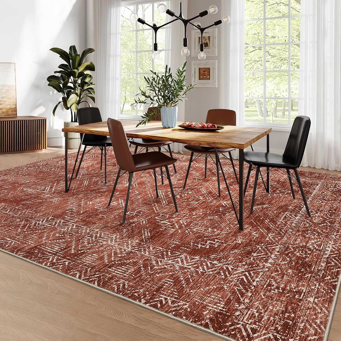 COZYLOOM 10x13 Area Rug Modern Indoor Area Rug Machine-Washable for Living Room or Bedroom Softness Foldable Mat for Easy Storage Geometric Design Non Slip Rug Stain Resistant Carpet, Brick Red