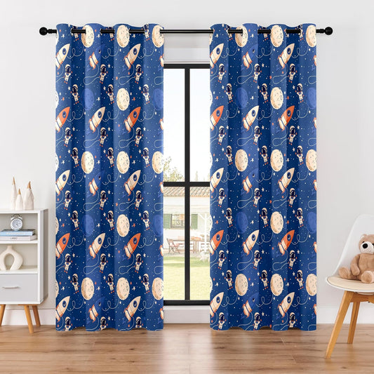 Kids Space Astronaut and Rocket Blackout Curtains - 100% Blackout, Thermal Insulated, Noise Reducing, Perfect for Kids Room and Nursery, 2 Panels (Orbiting Astronauts, W52×L84)