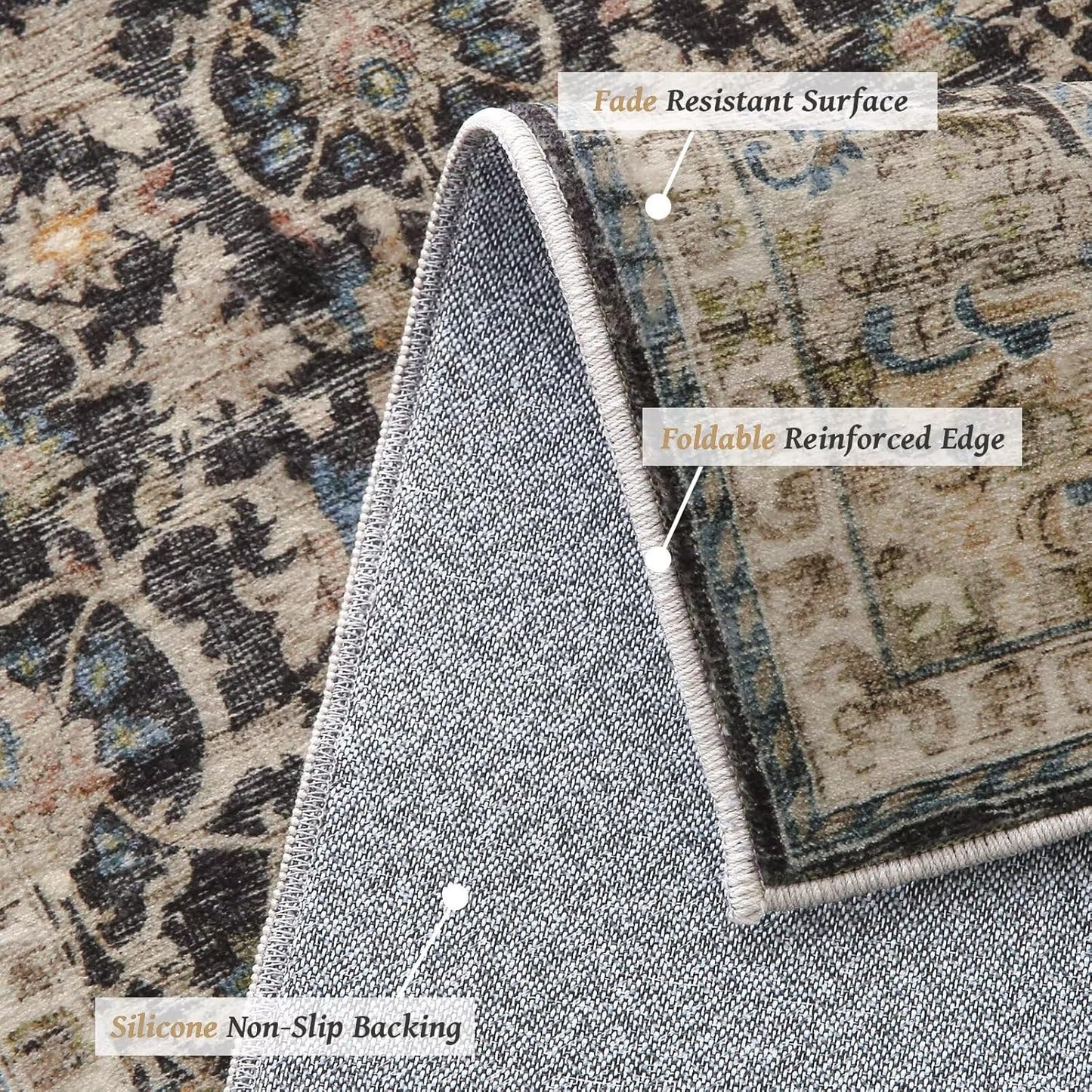 Washable 4x6 Rugs for Living Room, Boho Non-Slip Silicone Backing Small Rugs for Bedroom Nursery Office, 0.3" Neutral Oriental Throw Carpet with 0.16" Cushioning Pad, Black/Multi