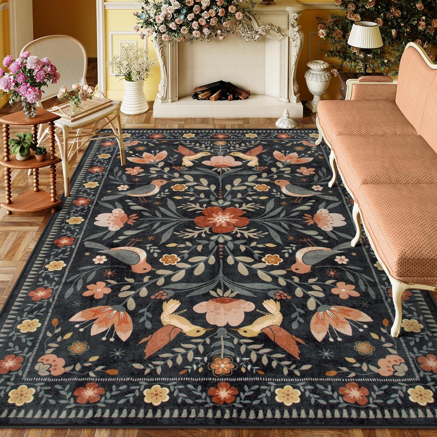 Moynesa Boho Bird Area Rug 9x12 for Living Room, Washable Rugs 9x12 Black Floral Bedroom Rug Low-Pile Soft Playroom Carpet, Jungle Pattern Vintage Rug Indoor Floor Carpet for Nursery