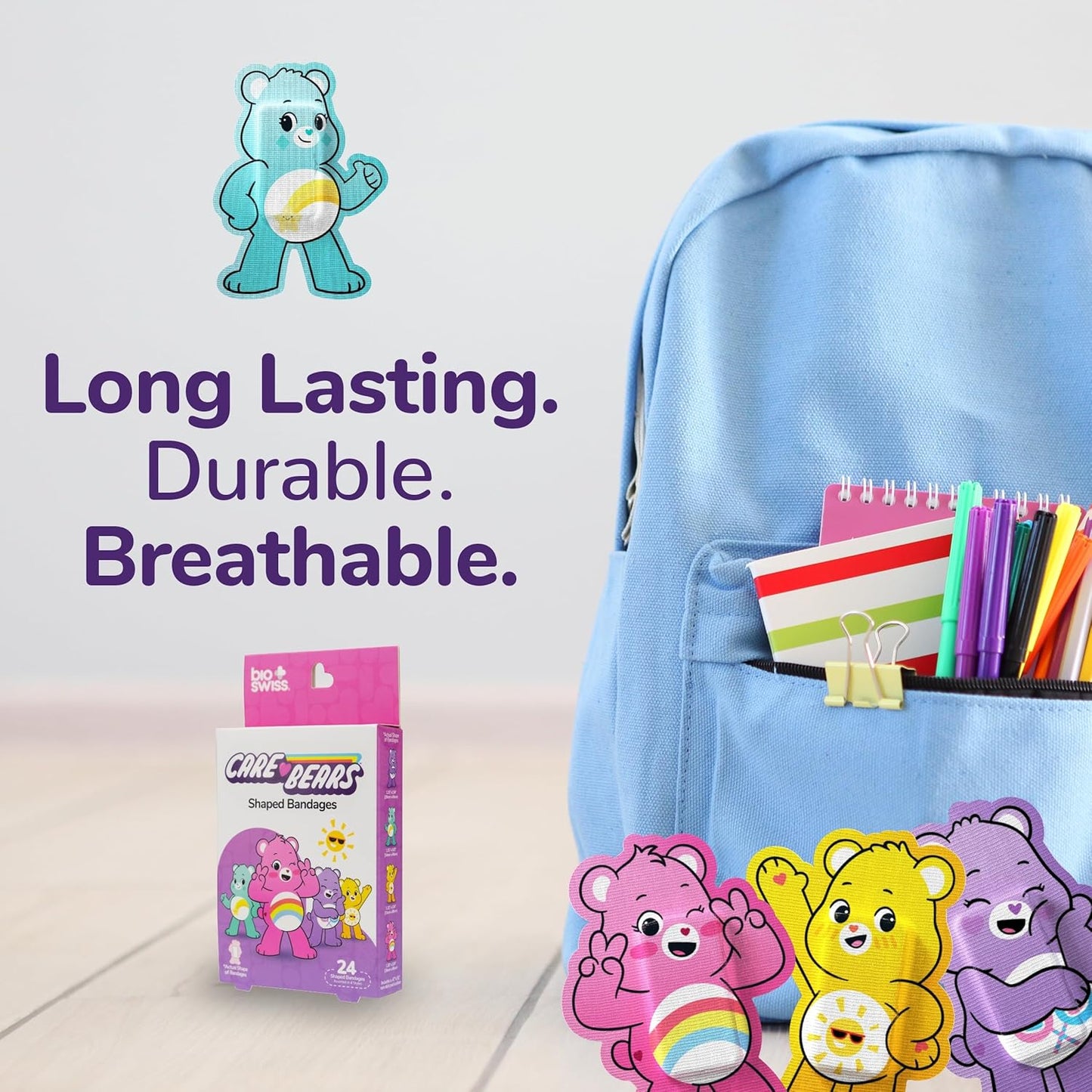 BioSwiss Care Bears Bandages, Unlock The Magic Care Bear Shaped Self Adhesive Bandage, Latex Free Sterile Wound Care, Fun First Aid Kit Supplies for Kids, 24 Count