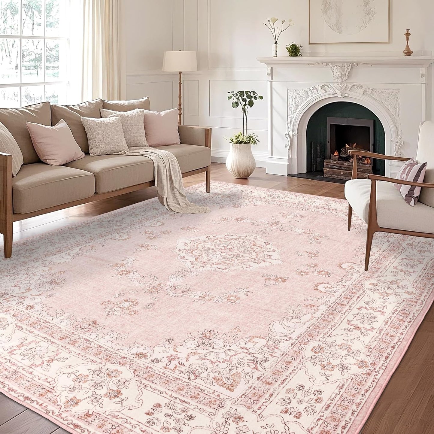 8x10 Area Rugs Washable: Oriental Soft Area Rug for Living Room Bedroom No Shedding - Low Pile Thin Carpet Rug for Dining Room Non Slip - Boho Vintage Rug for Home Decor - Soft Pink