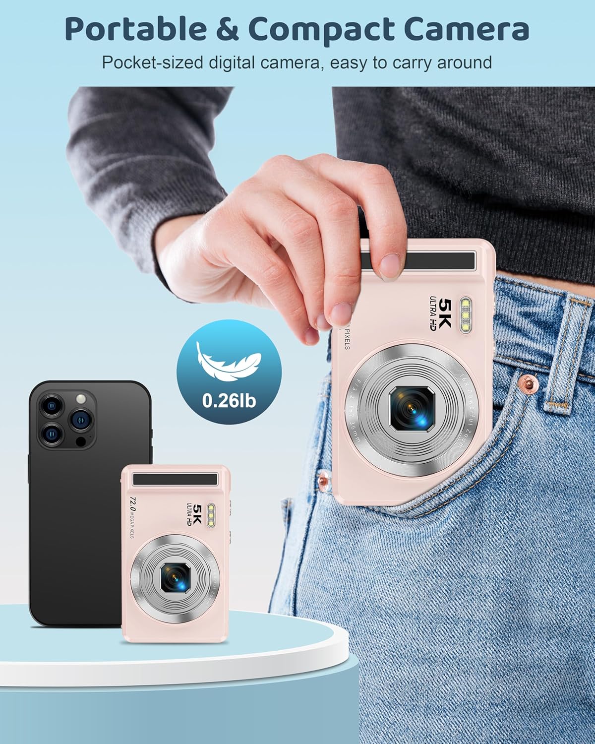 5K Digital Camera - 72MP UHD Digital Cameras for Photography - Autofocus Point and Shoot Small Camera with Flash for Kids - 2.8 Inch Screen Compact Portable Vlogging Camara with 16X Zoom, 32GB SD Card