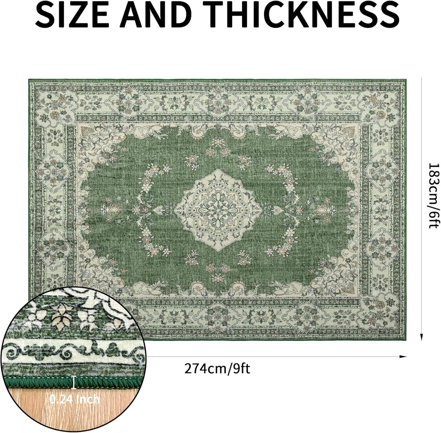 6x9 Area Rugs Washable: Oriental Soft Area Rug for Living Room Bedroom No Shedding - Low Pile Thin Carpet Rug for Dining Room Non Slip - Boho Vintage Rug for Home Decor - Olive Green
