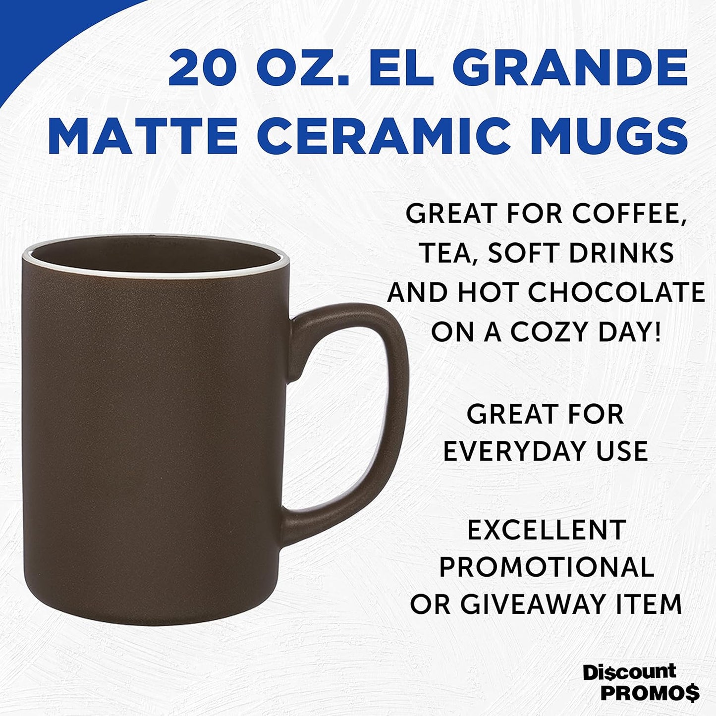 DISCOUNT PROMOS El Grande Matte Ceramic Mugs 20 oz. Set of 12, Bulk Pack - Perfect for Tea, Espresso, Cappuccino, Hot Cocoa - Dark Brown