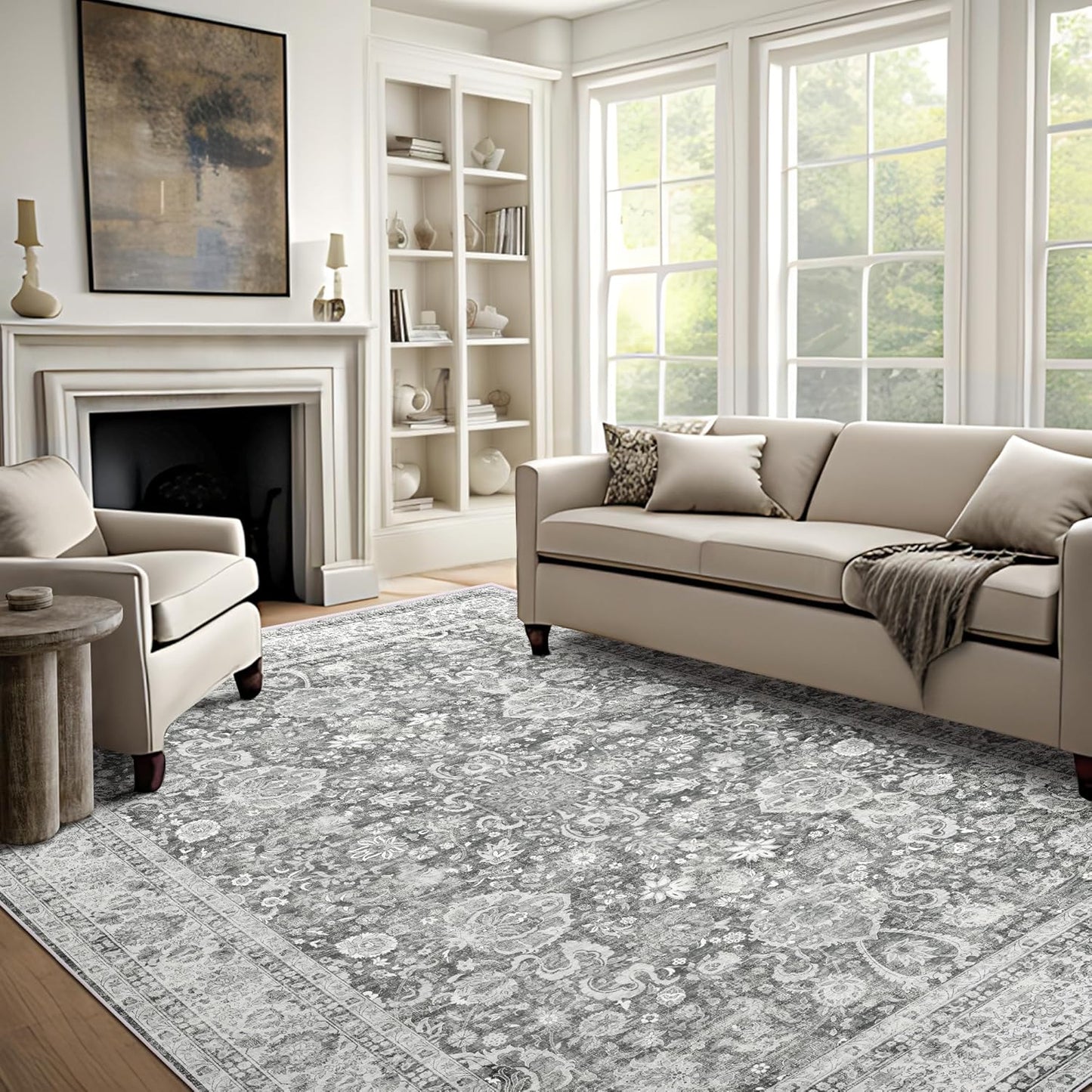 Area Rugs 5x7 - Grey Area Rug for Living Room, Bedroom & Dining Room - Soft Faux Wool, Low-Pile Distressed Carpet Print Floor Covering