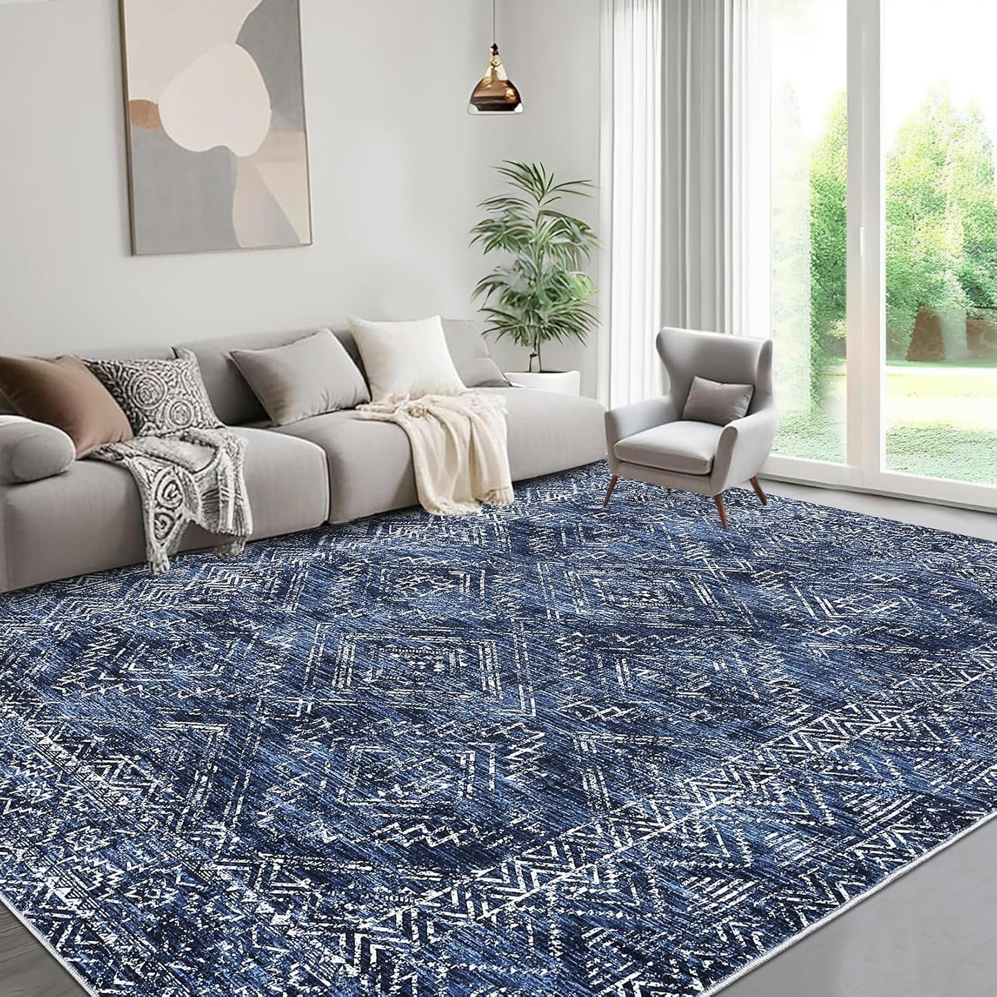COZYLOOM 4x6 Area Rug for Living Room Bedroom Playroom Nursery Vintage Non Slip Low Pile Rug Soft Throw Floor Cover Geometric Tribal Foldable Indoor Carpet, Blue
