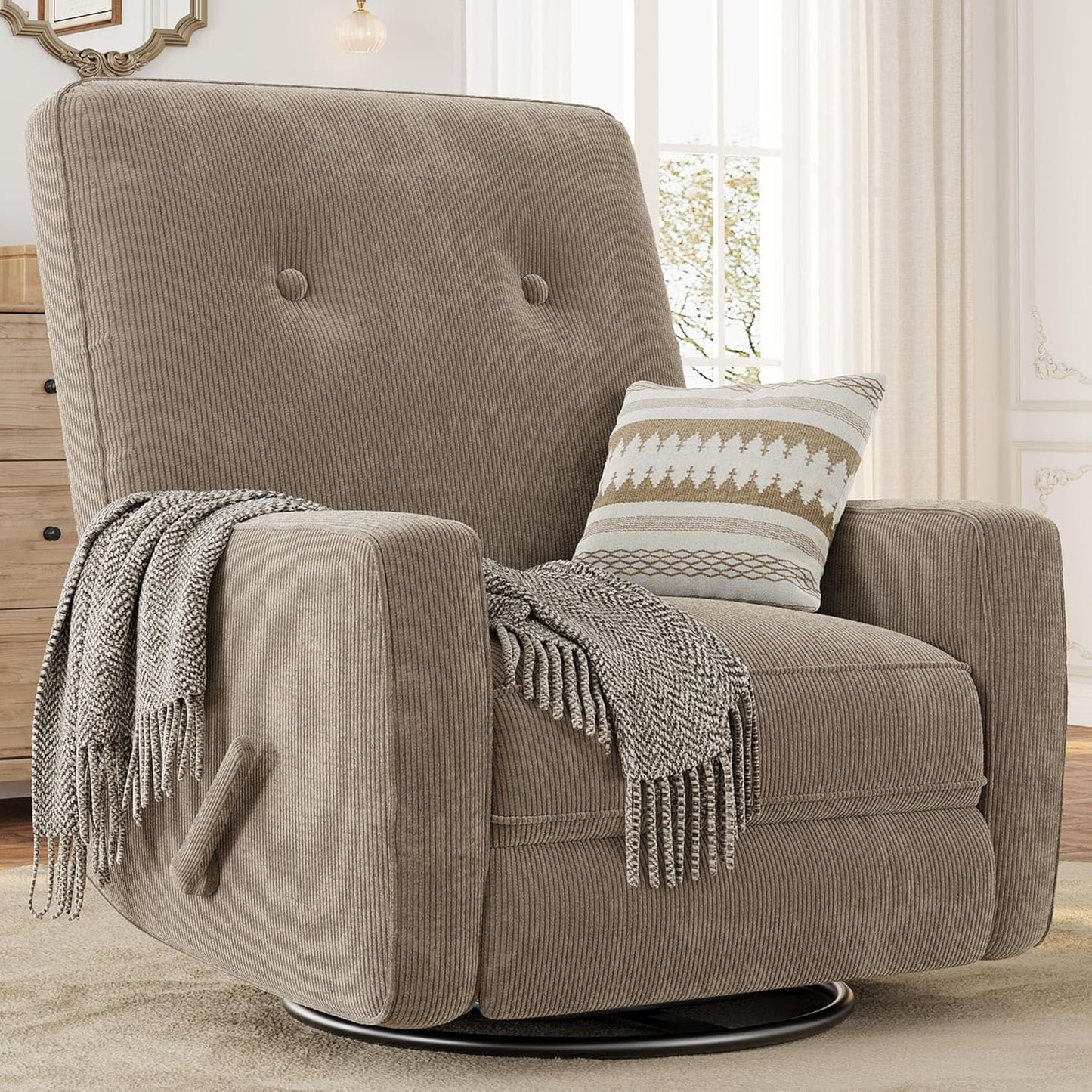 Recliner Chairs, Swivel Rocker Recline, Glider Recliner Nursery Chair, Recliner Chair for Adults, 360° Swivel Glider Rocking Chair for Living Room, Bedroom, Office, RV, Corduroy, Khaki