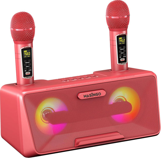 MASINGO Karaoke Machine for Adults and Kids with 2 Wireless Microphones, Portable Bluetooth Singing Speaker, Colorful LED Lights, PA System, Lyrics Display Phone Holder, and TV Cable. Presto G2 Pink