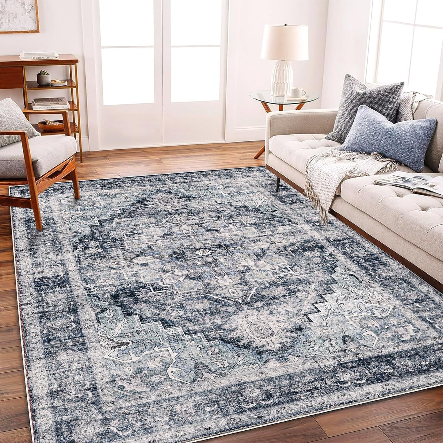 Washable Area Rug 10'x14' Dark Blue Retro Flowers Boho Design Non-Shedding Easy Care Ideal for High Traffic Areas in Living Room Bedroom Office Coffee Table Kitchen Large Carpet